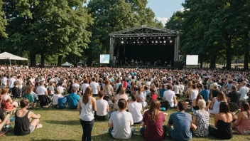 En livlig sommerkonsert i en park med en scene og en folkemengde som nyter musikken