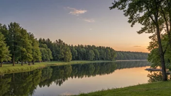 En fredelig sommerkveld med en innsjø og trær.