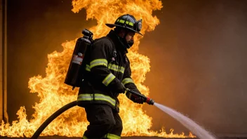 En brannmann i aksjon, med flammer i bakgrunnen og en brannslukker i hånden.