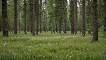 En fredelig skogslette med en teppe av grønt gress og fargerike blomster, omgitt av høye trær som strekker seg mot himmelen.