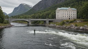 En person som fisker laks i en norsk elv, med en subtil bakgrunn av en lov bok eller en regjeringsbygning.