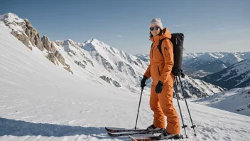 En person som bærer en skidress, bestående av en vanntett og isolert jakke og bukser, stående på et snødekt fjell med ski i hånden.