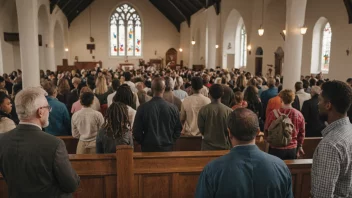 En fredelig og oppbyggelig bilde av en kirkesamling, som formidler en følelse av fellesskap og spiritualitet.