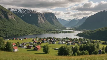 En malerisk landsby i Norge med tradisjonelle hus og et fredelig landskap.