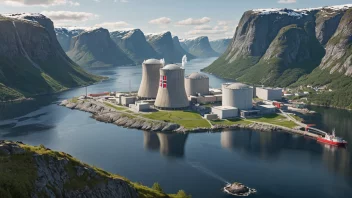 Et bilde som representerer den norske loven som regulerer atomenergi, med et atomkraftverk og et norsk flagg i forgrunnen.