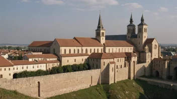 Et middelalderkloster med en stor kirke og flere bygninger.