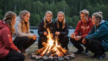 En gruppe unge mennesker samlet rundt et bål på en ungdomsleir i Norge.