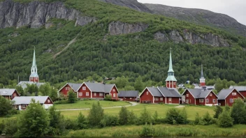 En pittoresk norsk by med trehus og en kirke.