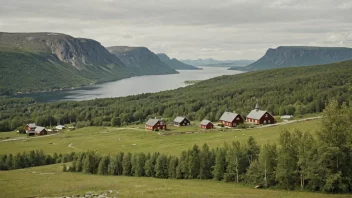 Et idyllisk norsk landskap med en liten landsby eller gård i bakgrunnen.