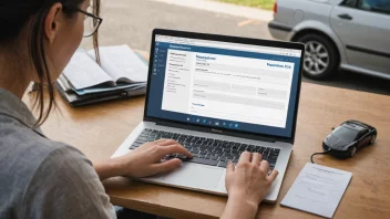 En person oppdaterer en registreringsskjema på en datamaskin, med en bil i bakgrunnen.