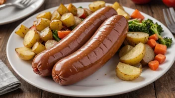 En wienerwurst på en tallerken med poteter og grønnsaker.