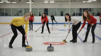 Unge kvinner som spiller curling på en isbane.