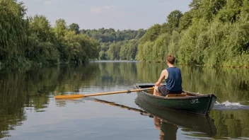 En person som scullerer i en liten båt.