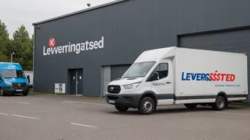 En leveringsbil parkert foran et lager med en skilt som sier 'Leveringssted' på norsk.