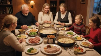 En familie som nyter en tradisjonell norsk middag sammen.