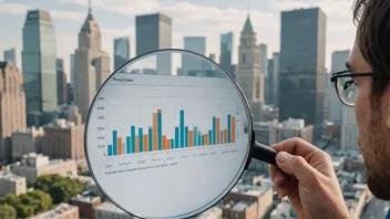 En person som analyserer en graf med et forstørrelsesglass, med en bysilhuett i bakgrunnen.