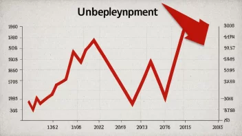 En graf som viser arbeidsledighetsraten over tid, med en rød pil som peker oppover.