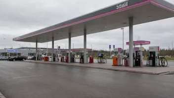 En Statoil bensinstasjon med en nærbutikk og drivstoffpumper.