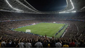 Et fullsatt fotballstadion med tilskuere som heier og holder flagg, med en stor resultattavle som viser sluttresultatet.