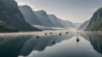 En vakker og fredelig fjord med tåkete omgivelser