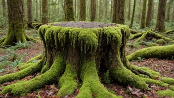 En gammel trestubbe i en skog med mos og lav som vokser på den