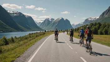 En gruppe mennesker som sykler på en sykkelsti i Norge, med et naturskjønt landskap i bakgrunnen.