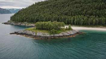 En liten øy i Norge med noen trær og en liten strand.