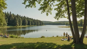 En fredelig sommer scene med en innsjø og trær.