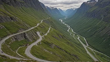 Trollstigen fjellvei i Norge med sine bratte svinger og dramatisk landskap.