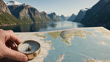 En illustrasjon av en person som navigerer gjennom en norsk fjord.