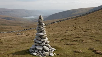 En cairn, en haug av steiner, markerer en sti i et naturlig landskap.