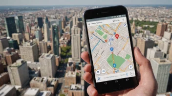 En smarttelefon med innebygget GPS-system, som viser et kart over en by.