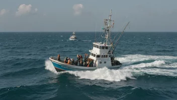 En fiskebåt som seiler på åpent hav med en besetning av fiskere om bord