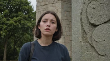 En person med en bestemt uttrykk i ansiktet, stående foran et steinmonument som representerer noe uforanderlig.