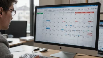 En person som analyserer data på en dataskjerm med en kalender i bakgrunnen som viser februar