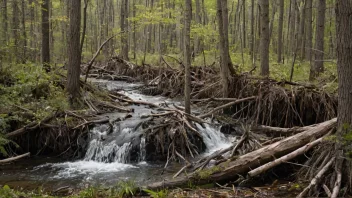 En beverdemning i en skog, med en dam-lignende struktur og kvister og grener brukt til å bygge den.