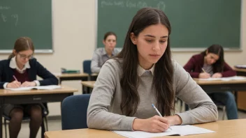 En student som tar en skriftlig eksamen, med en lærer som observerer i bakgrunnen.