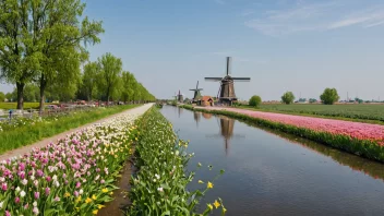 Et malerisk landskap i Holland med kanaler, vindmøller og blomstrende blomsterfelt