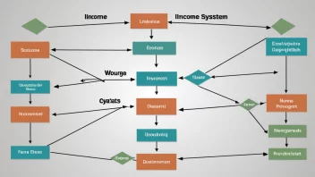 En illustrasjon av en flytdiagram eller et diagram som viser strukturen til et inntektssystem, med piler og bokser som representerer ulike stadier og komponenter.