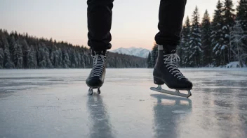 En person som går på skøyter på en frossen innsjø, med snødekte trær i bakgrunnen.