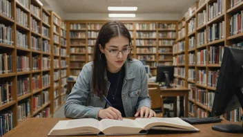 En person sitter i et bibliotek, omgitt av bøker og en datamaskin, og studerer et spesialfag.