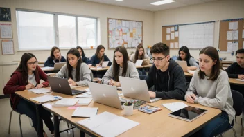 En gruppe studenter i et klasserom, omgitt av bøker og laptoper, med en kalender eller planlegger i forgrunnen.