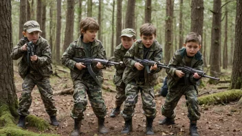 Barn som spiller krigsleke i en skog.