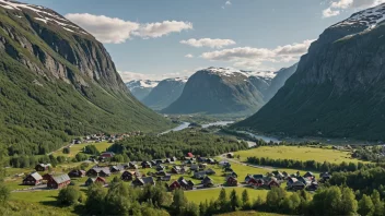 Et naturskjønt norsk landskap med en liten bygd i dalen.