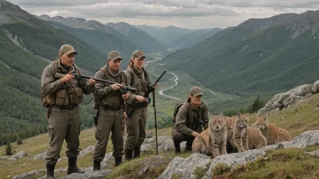 En gruppe jegere i fjellet, med en gaupe i bakgrunnen.