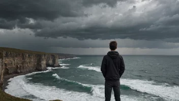 En person som står på kanten av et stup, ser ut på et stormfullt hav med et bekymret uttrykk, symboliserer faren eller risikoen for noe.