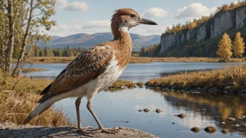 En fossekall som står på en elvebredde med en naturskjønn bakgrunn.