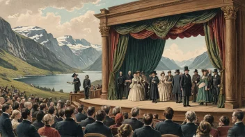 En illustrasjon av en teaterscene med en bakgrunn av et norsk landskap, med skuespillere i 1800-talls kostymer som fremfører et skuespill av Henrik Ibsen.