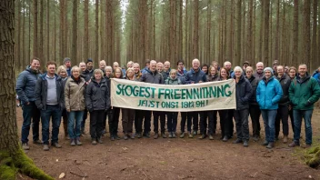 En gruppe mennesker i en skog, samlet rundt et banner som leser 'Skogeierforening'. De smiler alle og ser mot kameraet, og formidler en følelse av fellesskap og samarbeid.