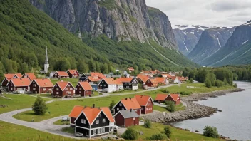 Et pittoreskt norsk landsby eller by med en skilt eller landemerke med navnet 'Beiarns'.